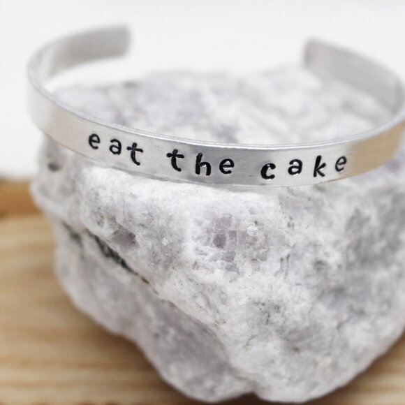 Eat The Cake - Hand Stamped Anodized Aluminum Bangle - Adjustable - Picture 5 of 11